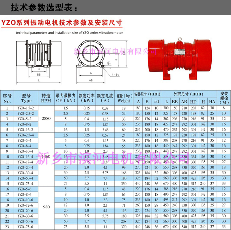 YZO振动电机规格参数表